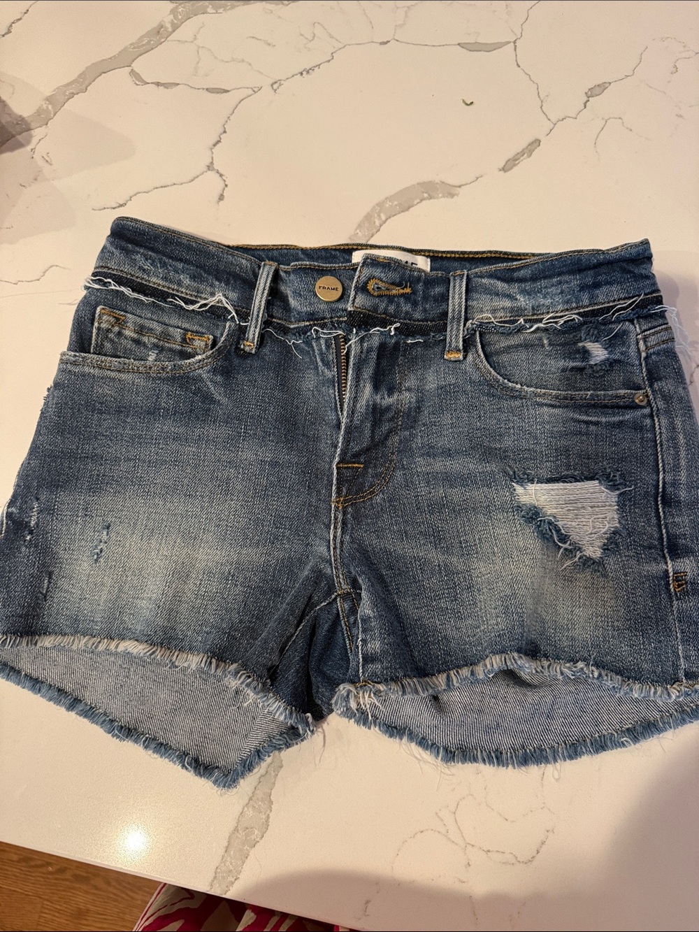 Frame Le Cutoff Frayed Hem Distressed Denim Shorts - Blue 24